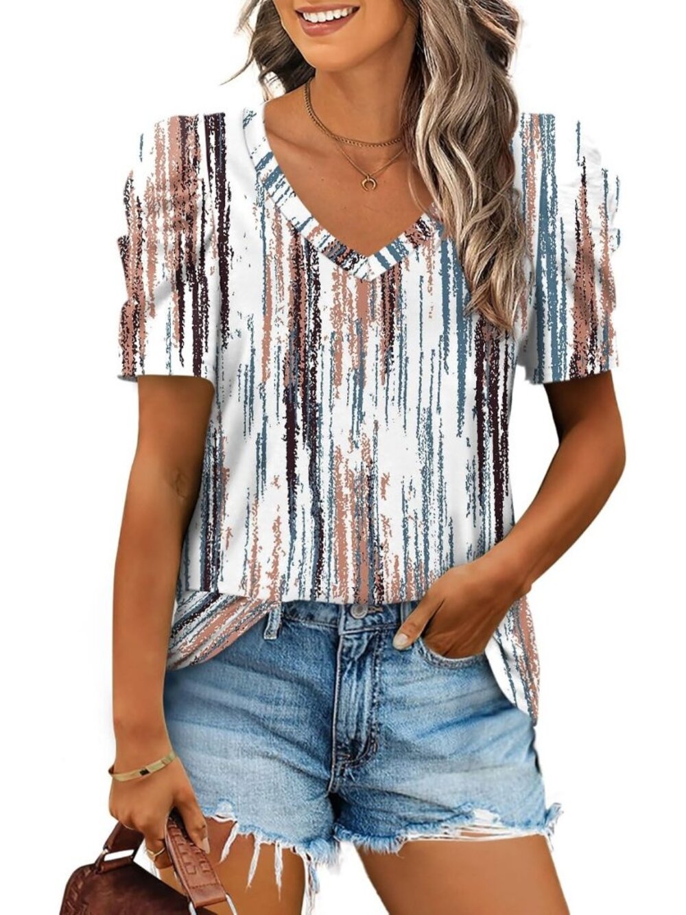 Women's Tie Dye Polyester Blend Puff Sleeve V Neck Pull On Casual Henley Shirts